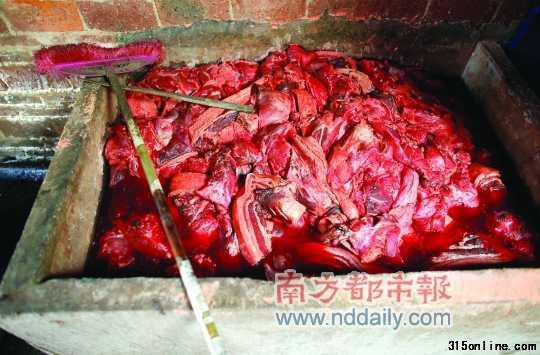 前日,黑作坊內,腐爛發黑的豬肉浸泡在發臭的水池中。 南都記者 陳輝 攝 前日,黑作坊內,腐爛發黑的豬肉浸泡在發臭的水池中。 南都記者 陳輝 攝