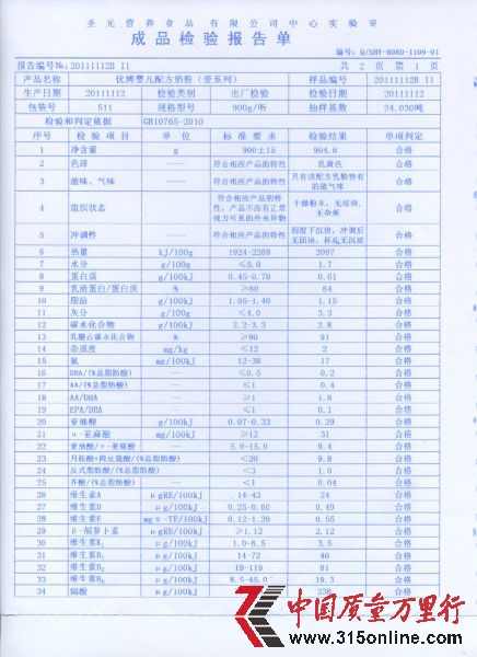 圣元官網公布的成品檢驗報告單。(1)