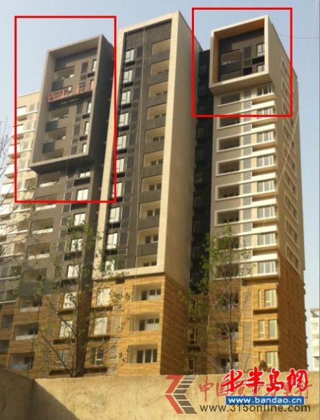 紅圈處為萬科城住宅設計的凸出建筑“方框”墻,擋住了多處住房的光線 紅圈處為萬科城住宅設計的凸出建筑“方框”墻,擋住了多處住房的光線