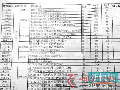 ■奈瑞兒給內部員工的產品單，上面顯示，員工價是零售價的3.5折。新快報記者夏世焱/攝
